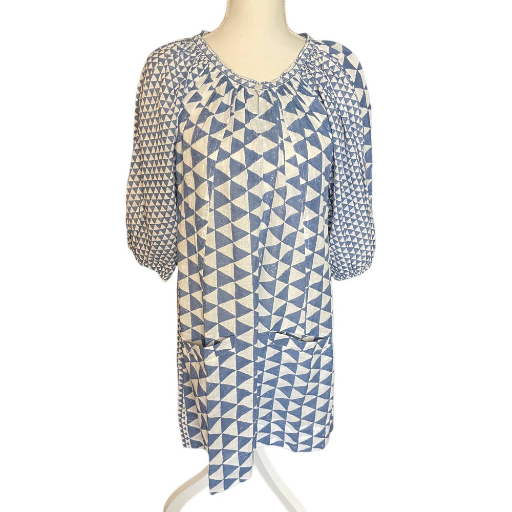NWT Nymane Womens Block Printed Shift Dress Short Sleeve Pockets Size S Blue